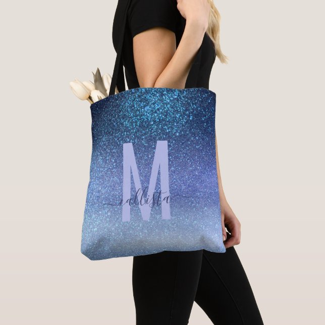 Navy Pastel Blue Triple Glitter Ombre Gradient Tote Bag (Close Up)