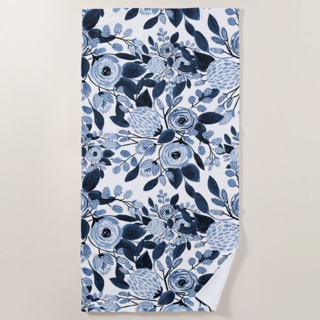 Navy Pastel Blue Watercolor Floral Pattern Beach Towel (Front)