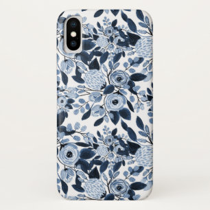 Navy Pastel Blue Watercolor Floral Pattern iPhone X Case