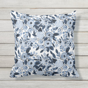 Navy Pastel Blue Watercolor Floral Pattern Cushion