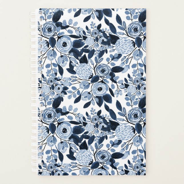Navy Pastel Blue Watercolor Floral Pattern Planner (Front)