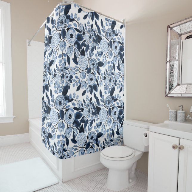 Navy Pastel Blue Watercolor Floral Pattern Shower Curtain (In Situ)