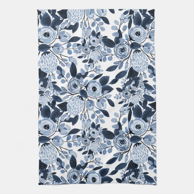 Navy Pastel Blue Watercolor Floral Pattern Tea Towel (Vertical)