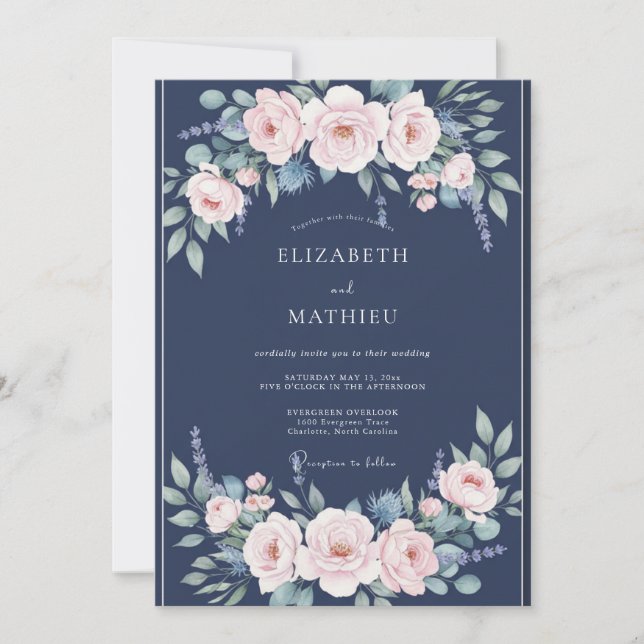 Navy Pastel Floral Romance Wedding Invitation (Front)