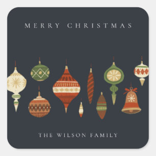NAVY PASTEL RED GREEN STAR CHIRSTMAS ORNAMENTS SQUARE STICKER