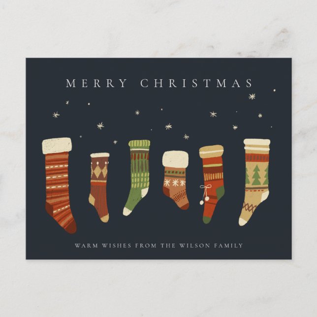 NAVY PASTEL RED GREEN STAR CHIRSTMAS STOCKINGS HOLIDAY POSTCARD (Front)