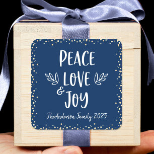 Navy Peace Love Joy Modern Typography Gold Dots Square Sticker