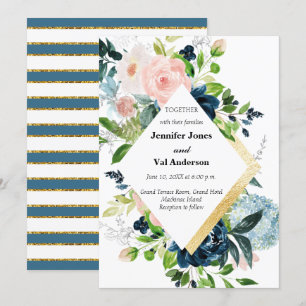 Navy Peach and Gold Watercolor Floral Wedding Invitation