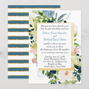 Navy Peach and Gold Watercolor Floral Wedding Invitation