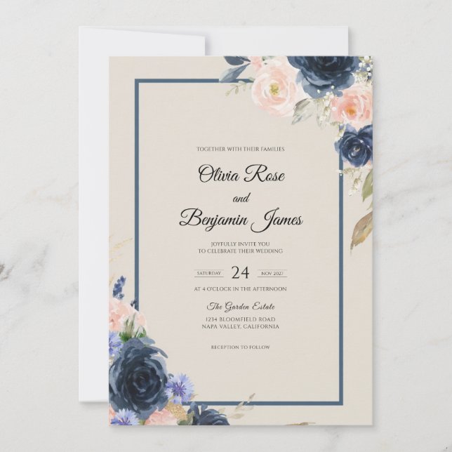 Navy Peach Bloom Wedding Invitation (Front)