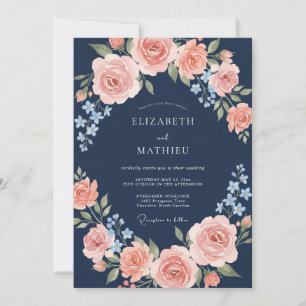 Navy Peach Blossom Arch Wedding Invitation