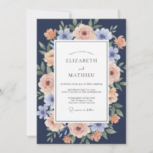 Navy Peach Blossom Romance Wedding Invitation