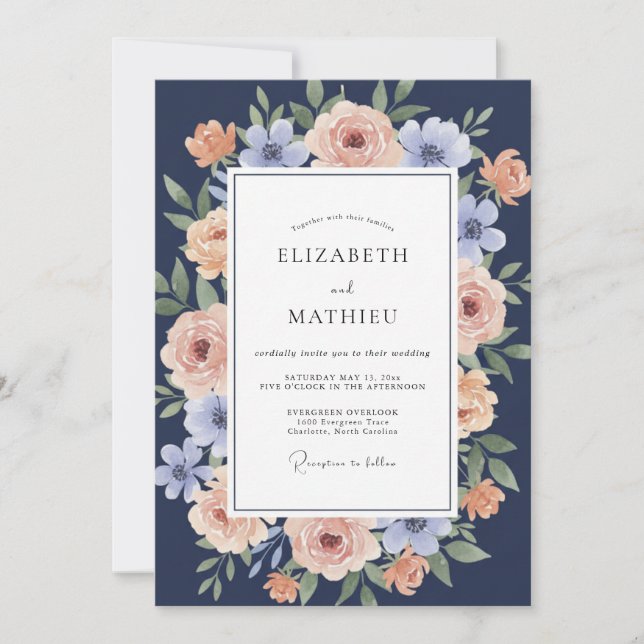 Navy Peach Blossom Romance Wedding Invitation (Front)