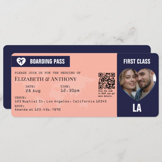 Navy & Peach Boarding Pass Wedding Invitation (Front/Back)