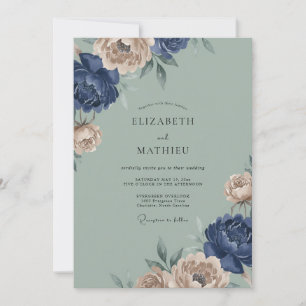 Navy Peach Botanical Embrace Wedding Invitation