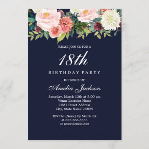 Navy Peach Botanical Floral 18th Birthday Invitation
