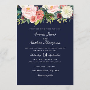 Navy Peach Botanical Watercolor Floral Wedding Invitation