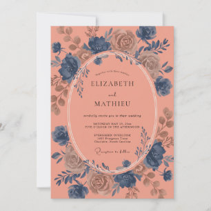 Navy Peach Elegant Floral Wedding Invitation