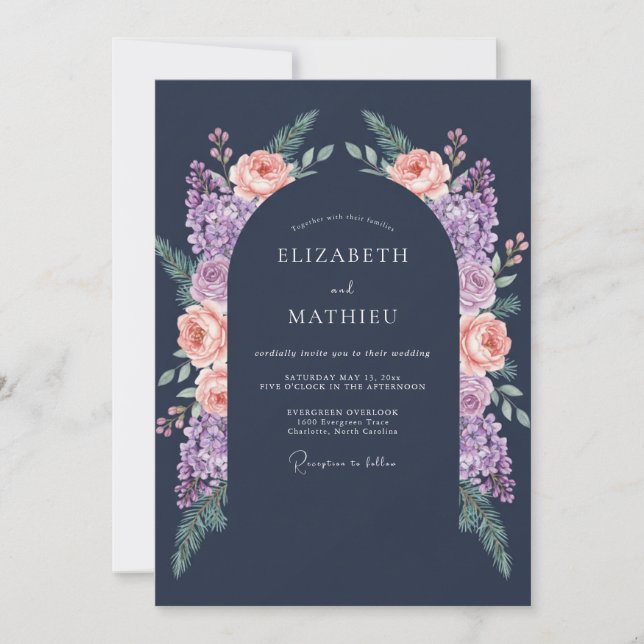Navy Peach Floral Midnight Wedding Invitation (Front)