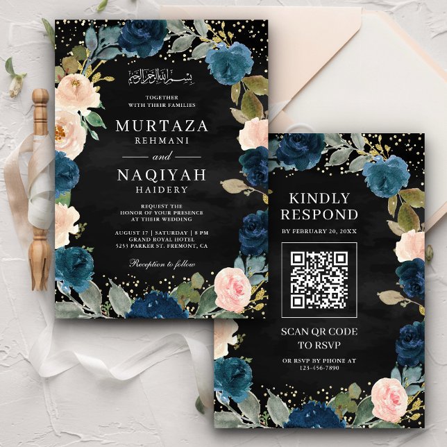 Navy Peach Floral QR Code Black Muslim Wedding Invitation (Creator Uploaded)