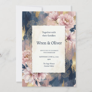Navy Peach Floral Wedding Invitation