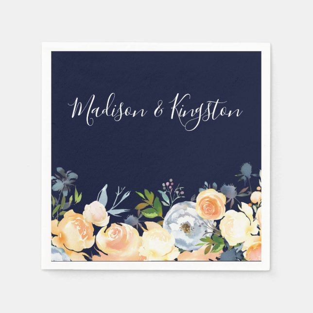 Navy & Peach Flowers Modern Floral Wedding Napkin (Front)