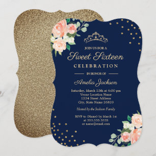 Navy Peach Gold Floral Confetti Sweet Sixteen Invitation