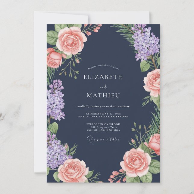 Navy Peach Lavender Floral Wedding Invitation (Front)
