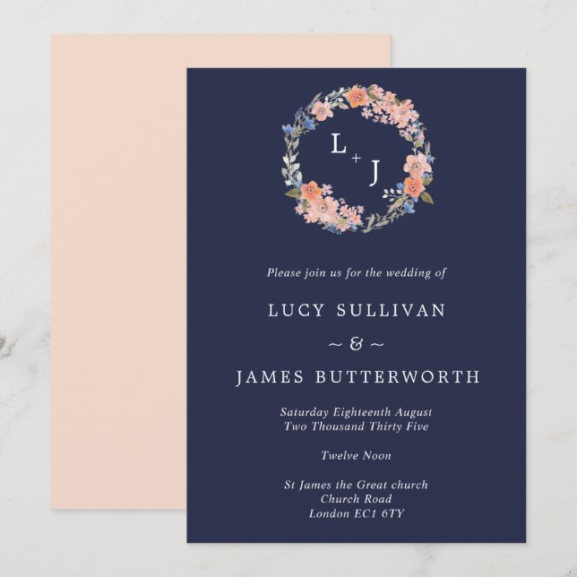 Navy & Peach Monogram Floral Wreath Wedding Invitation (Front/Back)