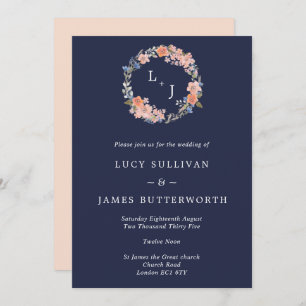 Navy & Peach Monogram Floral Wreath Wedding Invitation