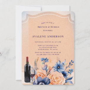 Navy Peach Painted Floral Brunch & Bubbly Invitation