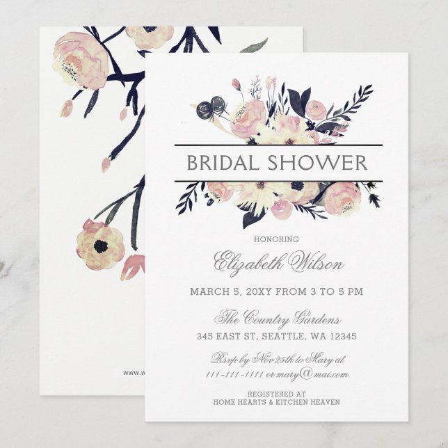 Navy Peach Pink Floral Spring Bridal Shower Invitation (Front/Back)