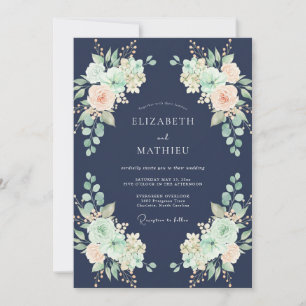Navy Peach Watercolor Wedding Invitation