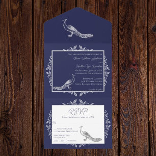 Navy Peacock Flourish All In One Invitation