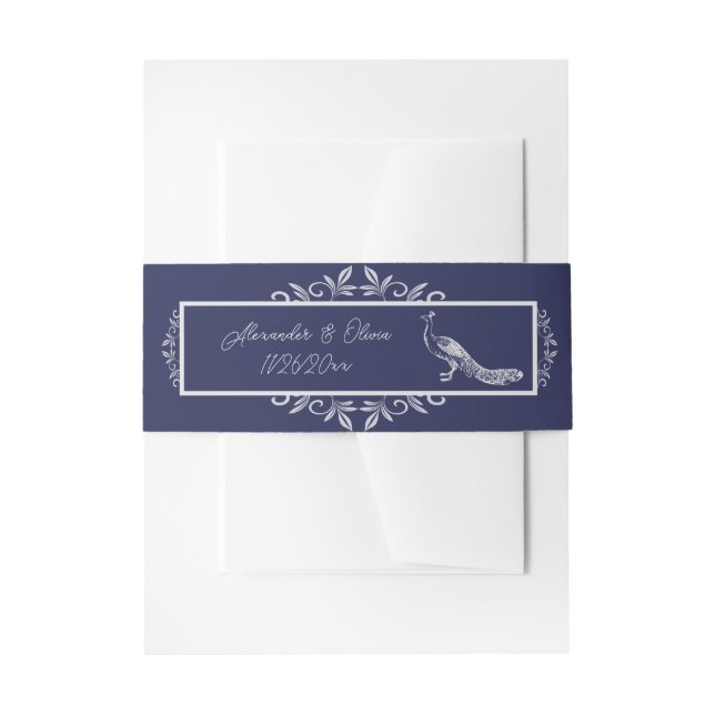 Navy Peacock Flourish Invitation Belly Band (Front Example)