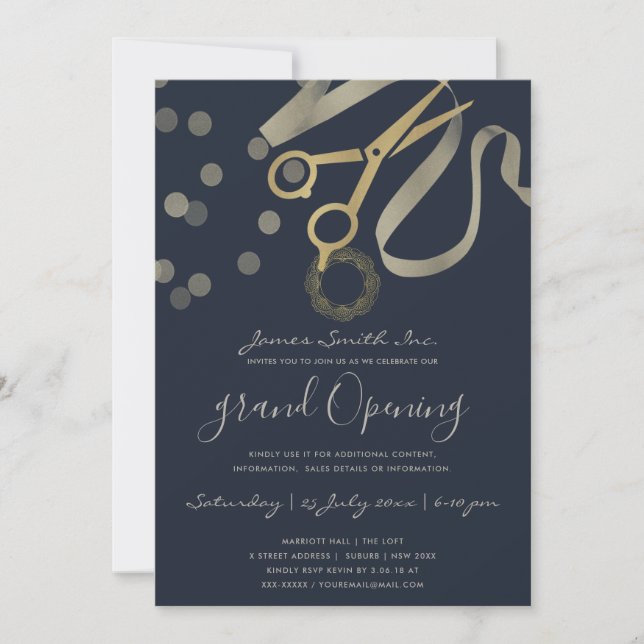 NAVY PEARL SILVER RIBBON CUTTING GRAND OPENING INVITATION (Front)