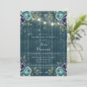 Navy Peonies and Turquoise Rose Bachelorette Party Invitation