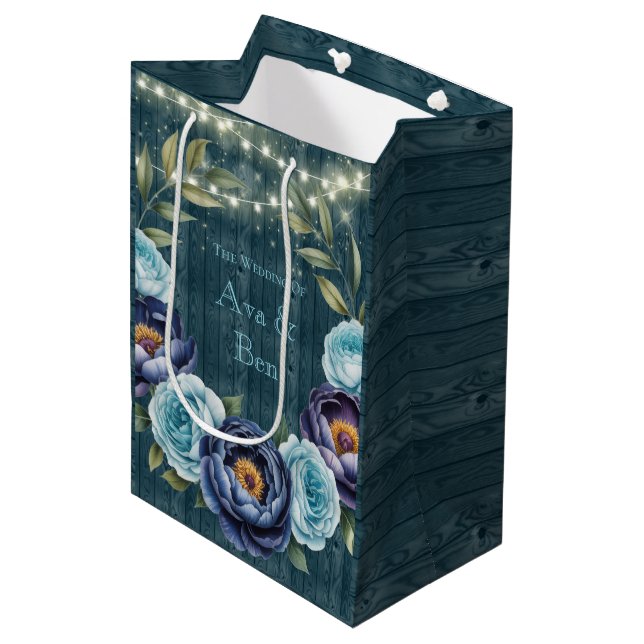 Navy Peonies and Turquoise Rose Light Wedding Medium Gift Bag (Front Angled)