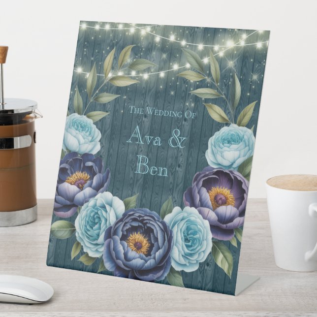 Navy Peonies and Turquoise Rose Light Wedding Pedestal Sign (In SItu)