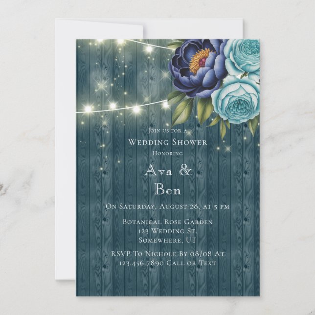 Navy Peonies and Turquoise Rose Wedding Shower Invitation (Front)