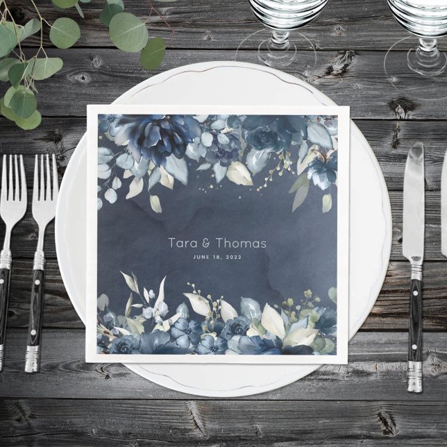 Navy Peonies Dusty Blue Eucalyptus Wedding Napkin (Creator Uploaded)