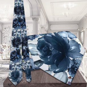 Navy Peonies Greenery Wedding Tie