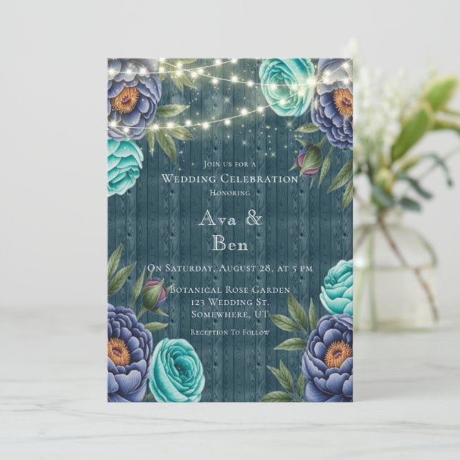 Navy Peonies & Turquoise Rose Wedding Celebration Invitation (Standing Front)
