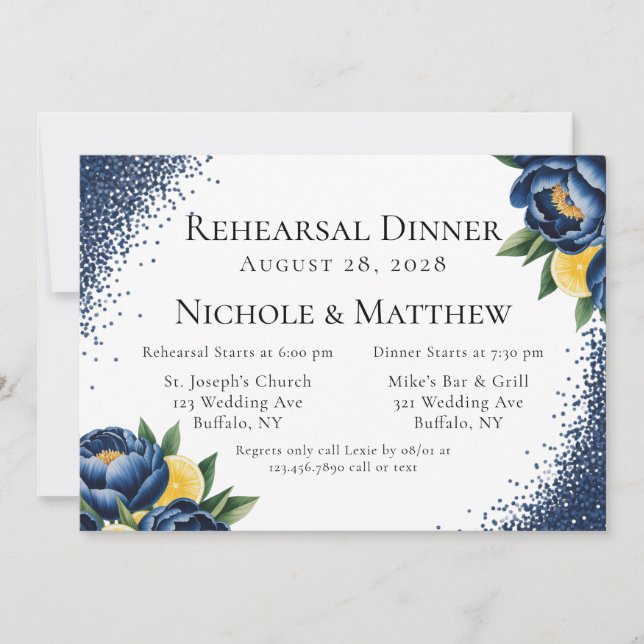 Navy Peony and Citrus Floral Rehearsal Dinner Invitation (Front)