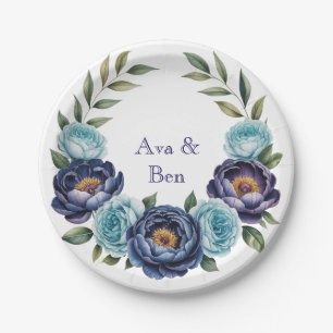Navy Peony and Turquoise Roses Floral Wedding Paper Plate