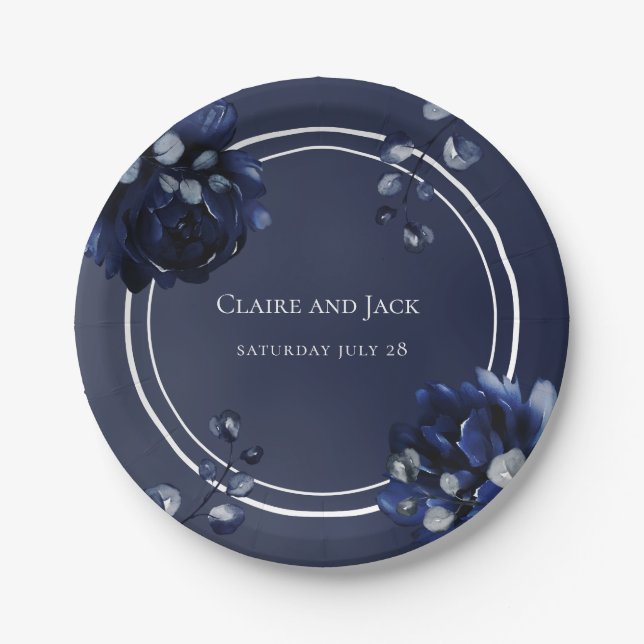 Navy Peony Assembly Wedding 7 Inch Luncheon Paper Plate (Front)