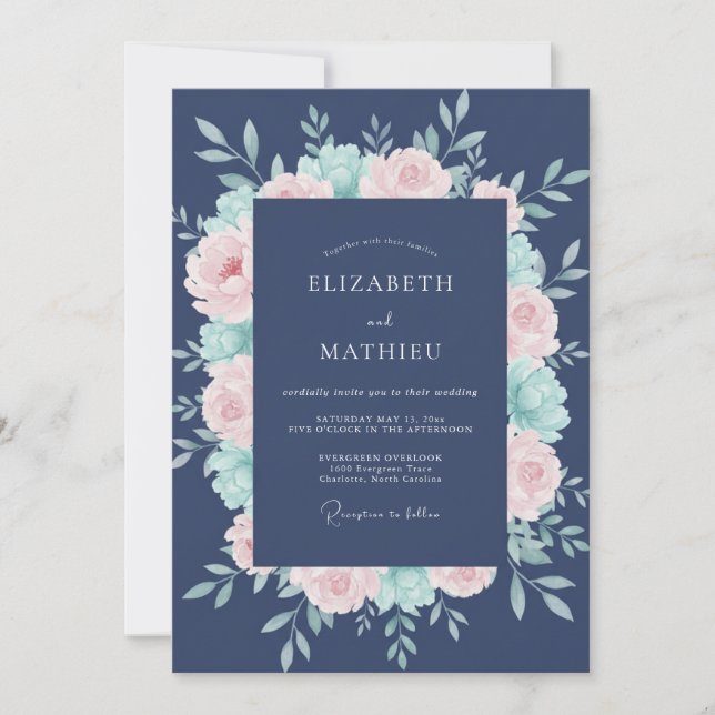 Navy Peony Blossom Romance Wedding Invitation (Front)