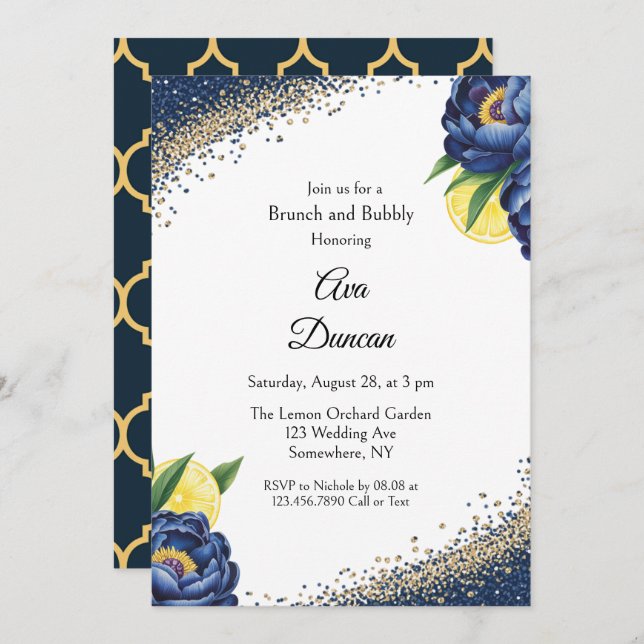 Navy Peony Citrus Painted Floral Brunch & Bubbly Invitation (Front/Back)