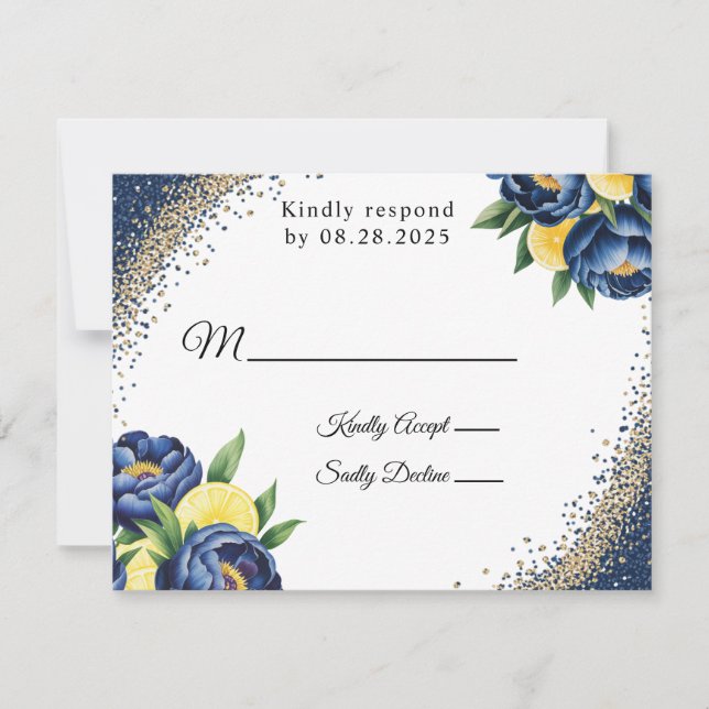 Navy Peony Citrus Painted Floral Wedding RSVP Card (Front)