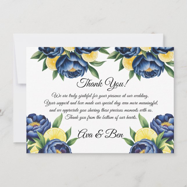 Navy Peony Citrus Painted Floral Wedding Thank You Card (Front)